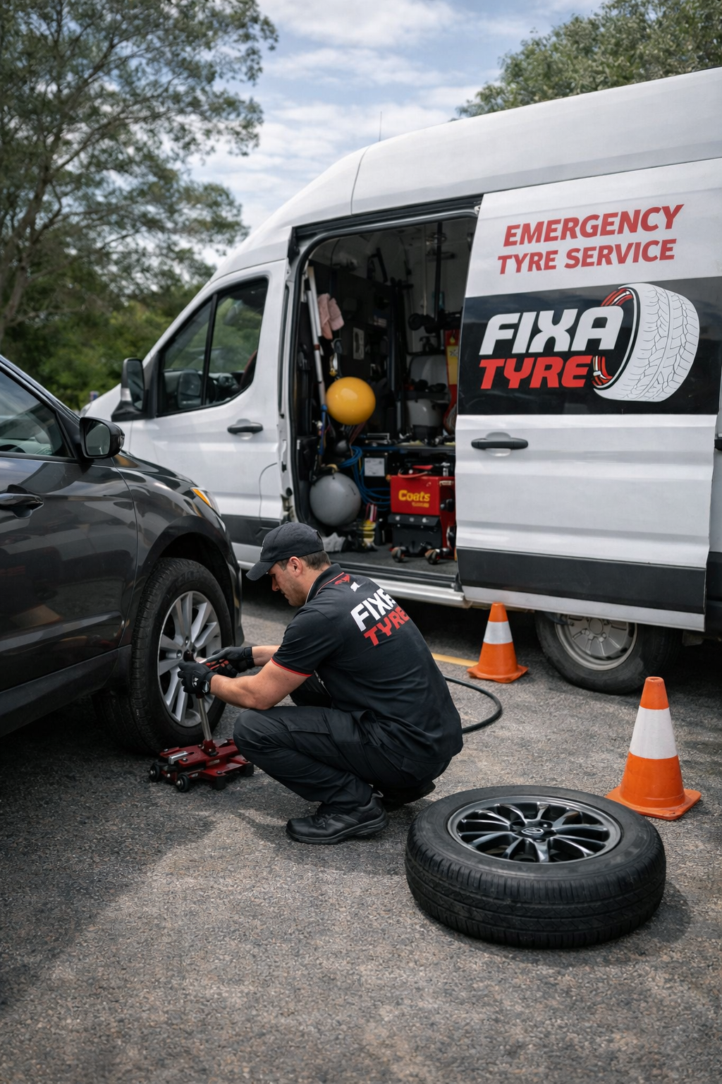 Mobile tyre puncture repair service in Dubai – 24/7 emergency flat tyre assistance by Fix A Tyre