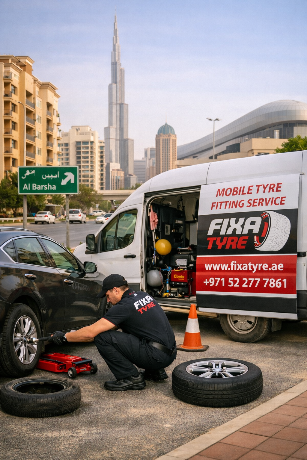 Fix A Tyre provides 24/7 mobile tyre fitting, tyre replacement, puncture repair, and roadside assistance throughout Al Barsha, including Mall of the Emirates, Al Barsha South, and nearby Dubai communities.