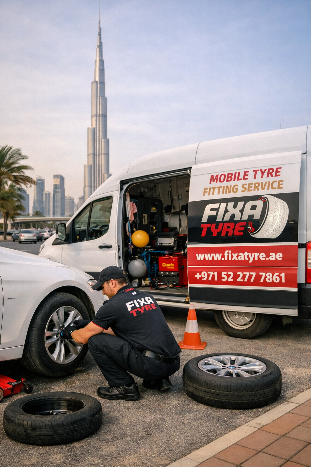 Fix A Tyre providing 24/7 mobile tyre fitting, tyre puncture repair, tyre replacement, and roadside assistance in Downtown Dubai. Fast response near Burj Khalifa, Dubai Mall, Business Bay, and surrounding locations.