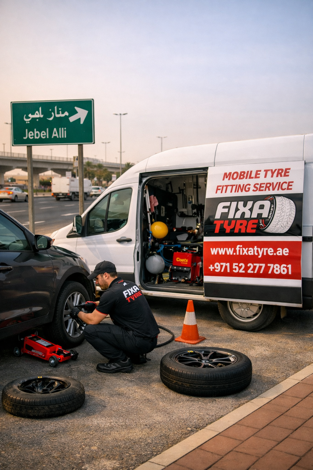 Mobile tyre fitting service in Jebel Ali by Fix A Tyre technician repairing a vehicle roadside