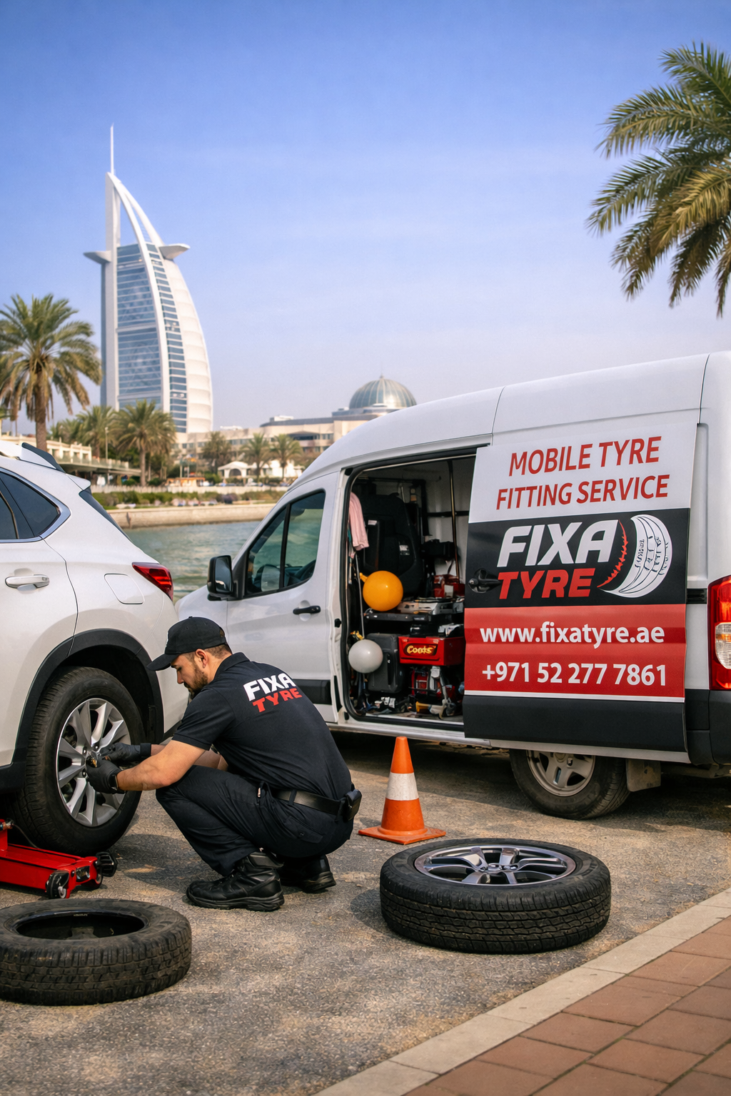 Fix A Tyre technician providing mobile tyre fitting service in Jumeirah Dubai