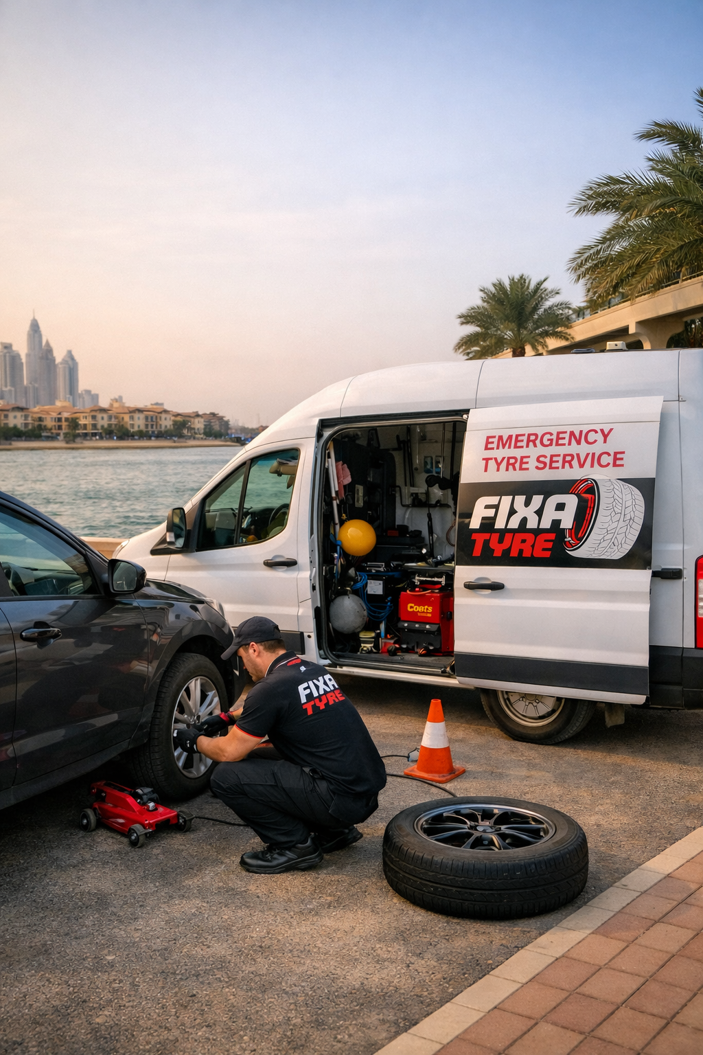 Mobile tyre fitting service in Palm Jumeirah by Fix A Tyre technician repairing a luxury car roadside